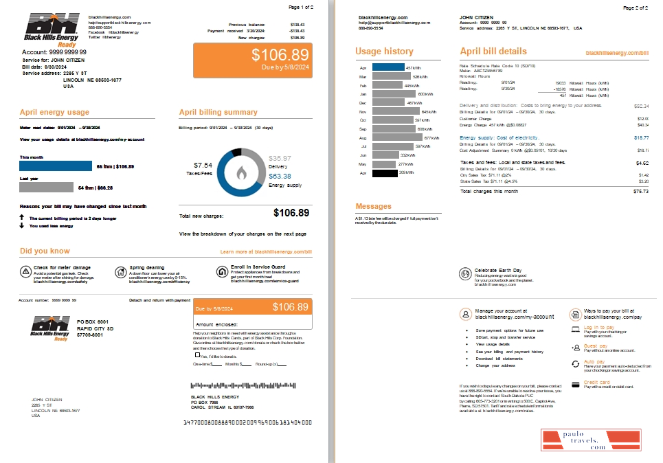 USA Nebraska Lincoln Black Hills Energy utility bill, 2 pages scr